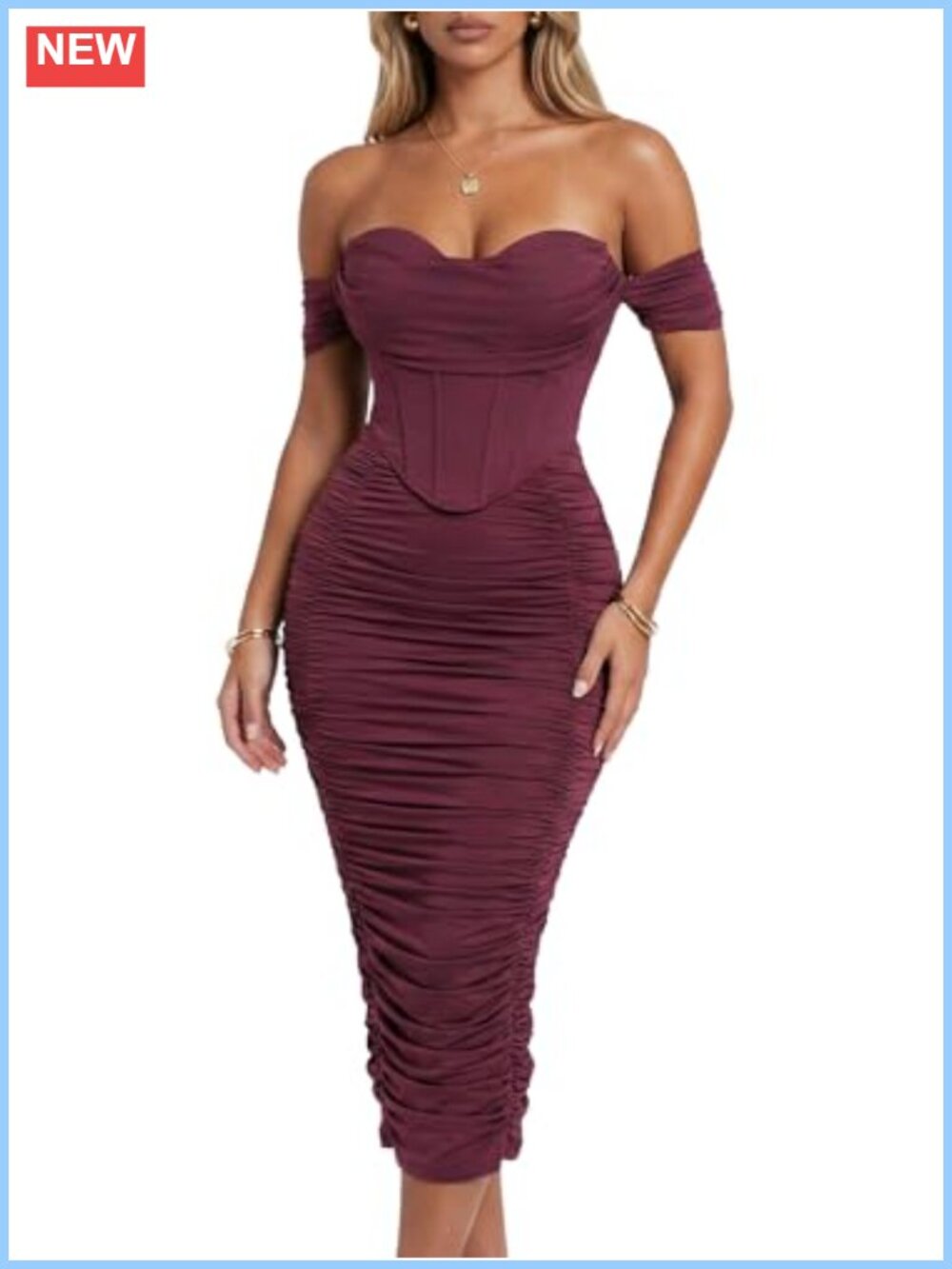 Off Shoulder Faux-Corset Ruched Midi Dress Built-in Bra Bodycon